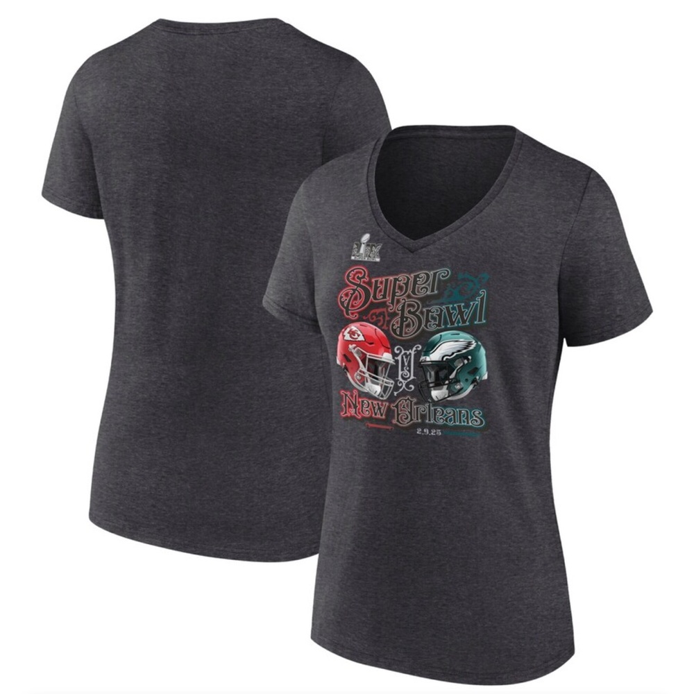Fanatics women’s Charcoal Gray Cotton Superbowl 2025 V-Neck T-Shirt size Medium